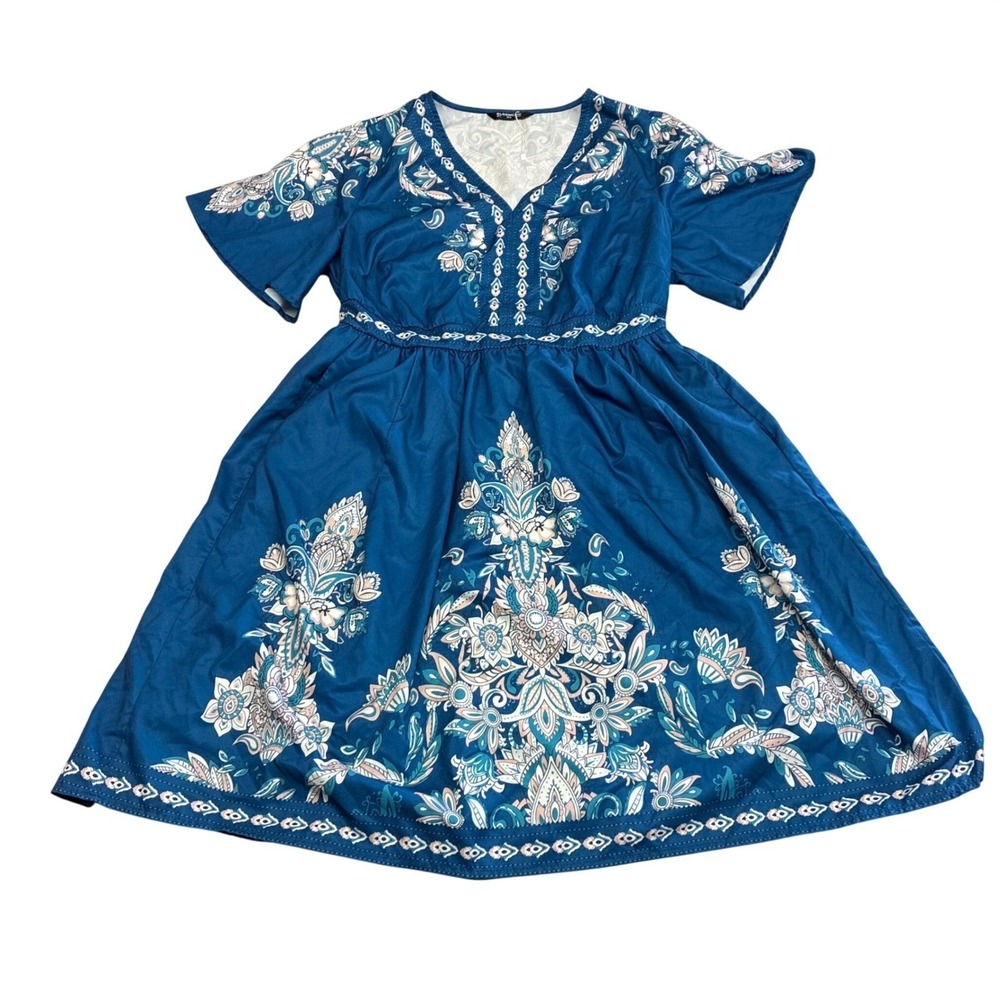 BloomChic Blue Floral Boho Dress NWoT 12 V Neck Flutter Sleeve Empire Boho Chic - Picture 8 of 10